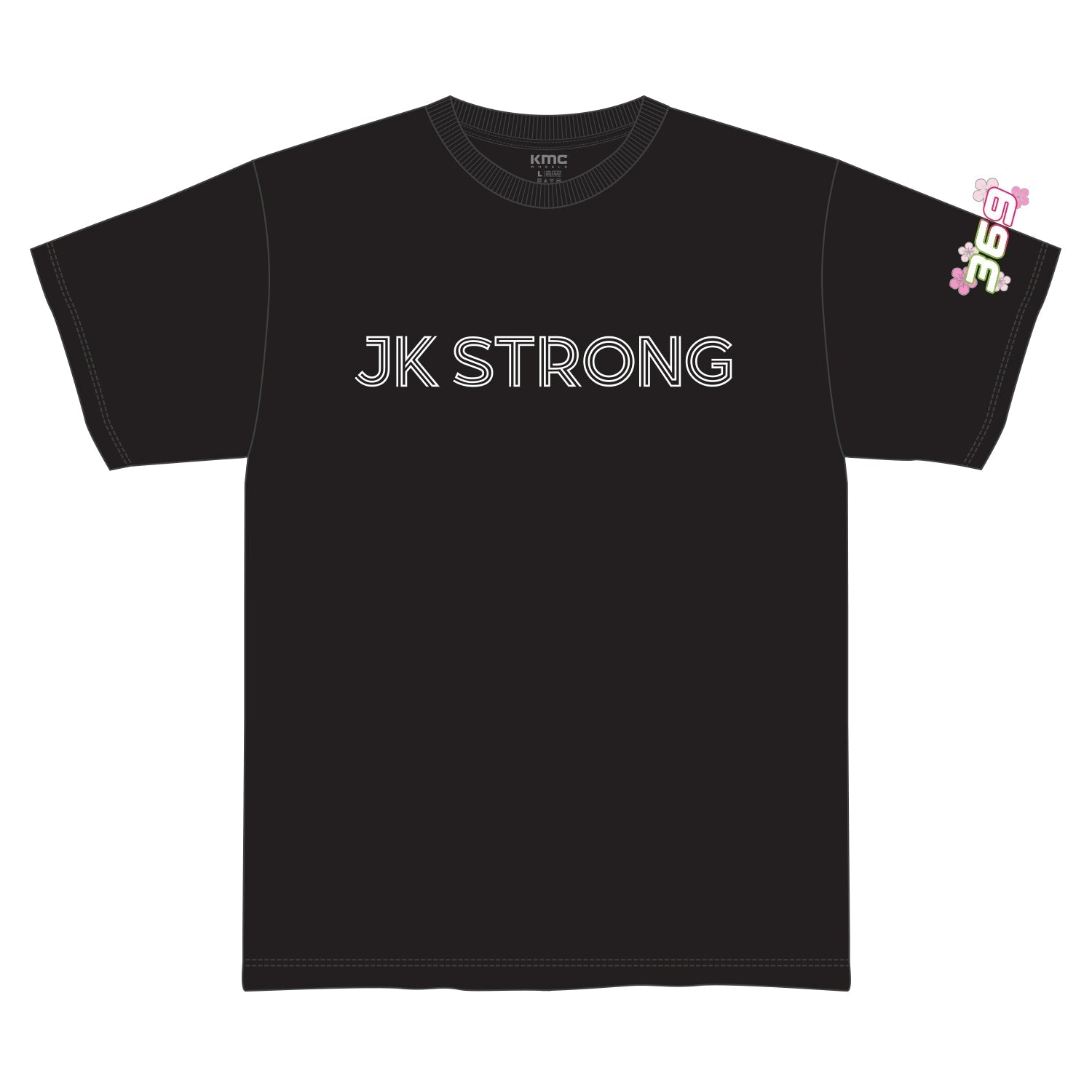 Black short sleeve t-shirt featuring bold white text that reads "JK STRONG," ideal for automotive enthusiasts.