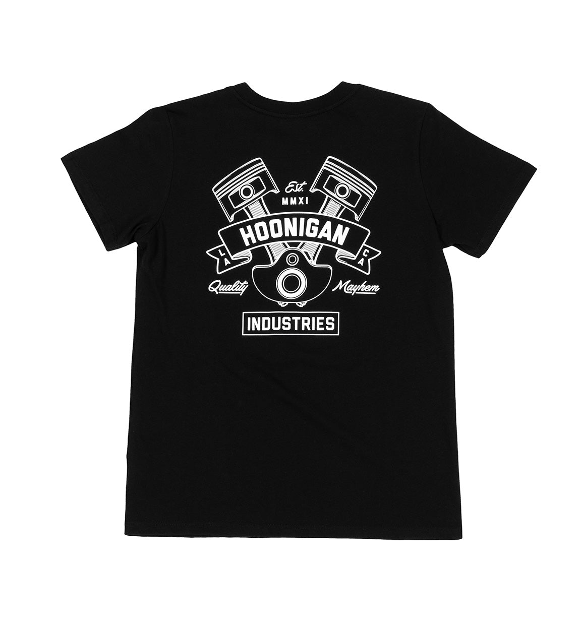 Hoonigan CRANKED Short Sleeve Tee featuring a bold graphic design, black fabric, and a relaxed fit for casual wear.