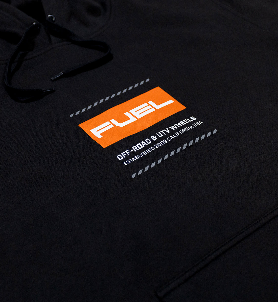 Black Fuel CUT Pullover Hoodie with contrasting logo on the chest, featuring a drawstring hood and kangaroo pocket.