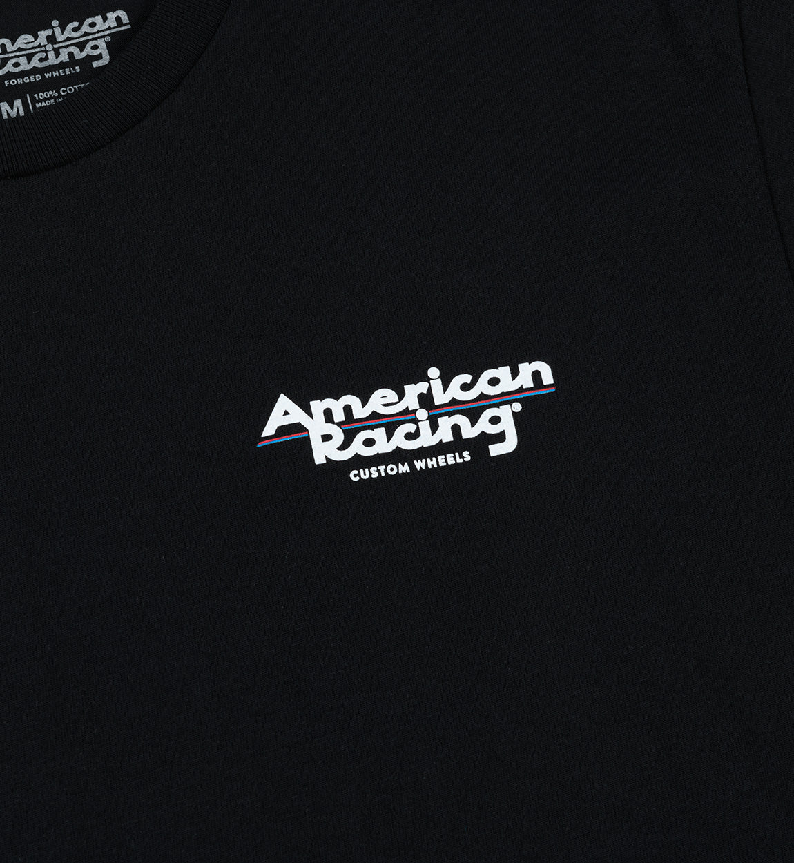 American Racing logo short sleeve tee shirt in black, featuring a bold white logo on the front.