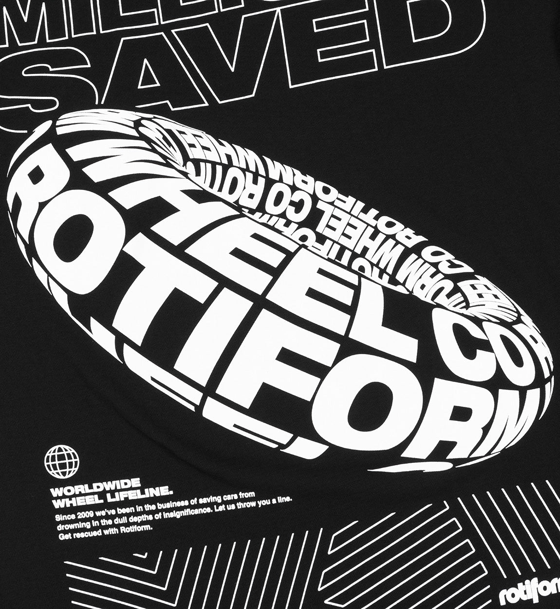 Rotiform MILLIONS SAVED Short Sleeve Tee featuring a bold graphic print on a black cotton fabric.