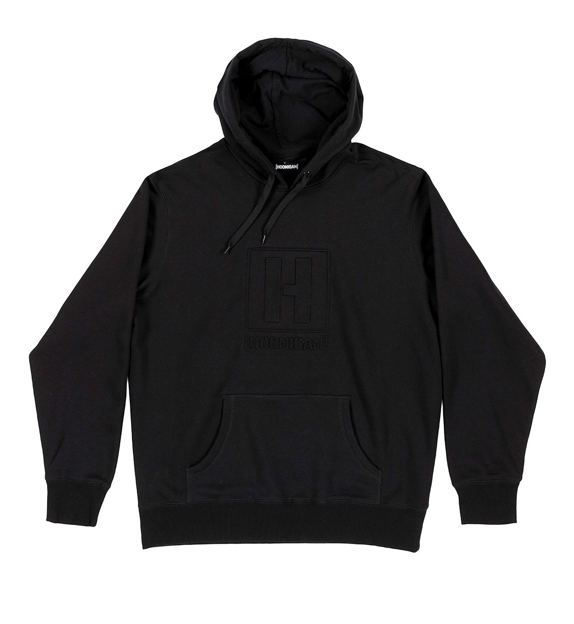 Hoonigan EMBOSSED H-BOX Hoodie in black, featuring a prominent embossed logo on the front and a drawstring hood, displayed against a plain background.