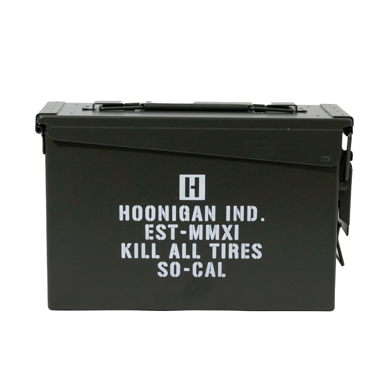 Hoonigan AMMO Box featuring a rugged design with branding, ideal for storage and transport of automotive gear.