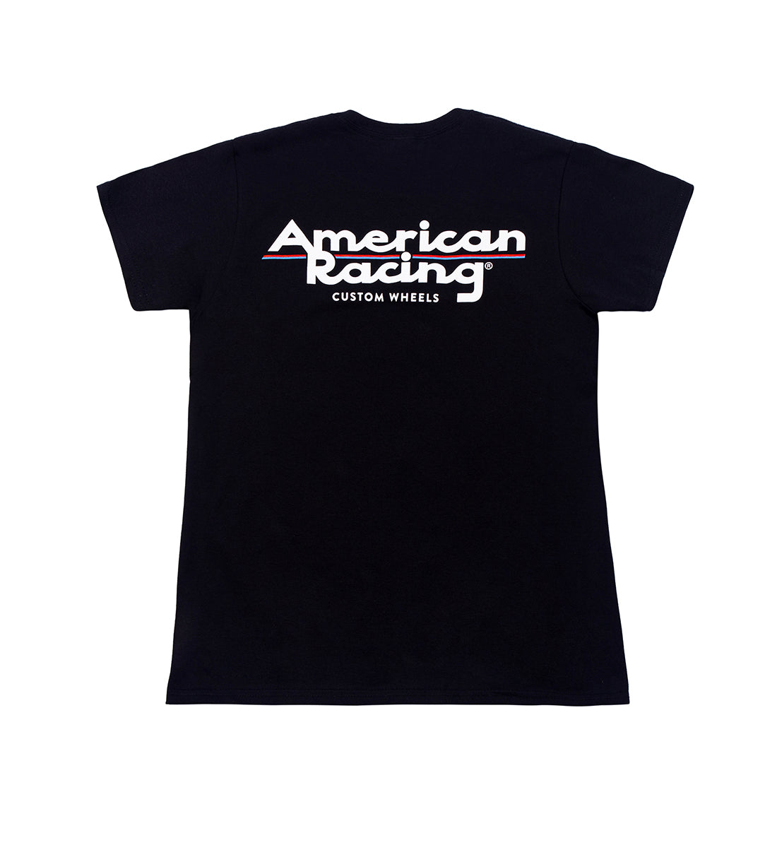 Black women's short sleeve tee featuring the American Racing logo on the back.