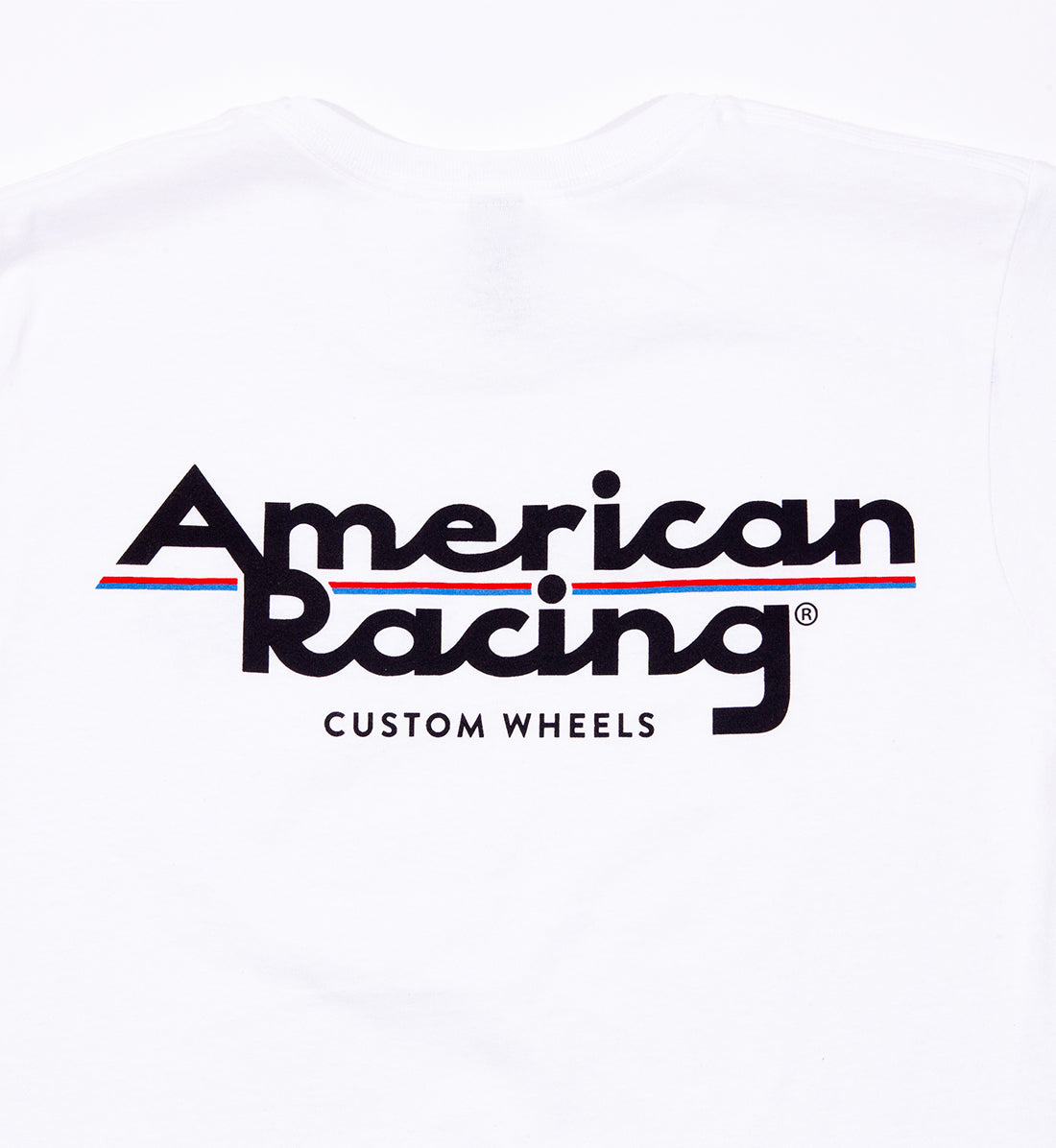 Women's white short sleeve tee featuring the American Racing logo on the back.