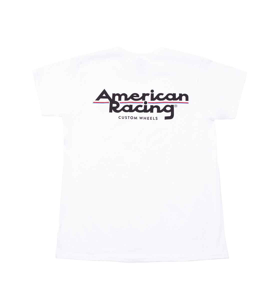 American Racing women's short sleeve tee featuring a white design with the iconic American Racing logo.