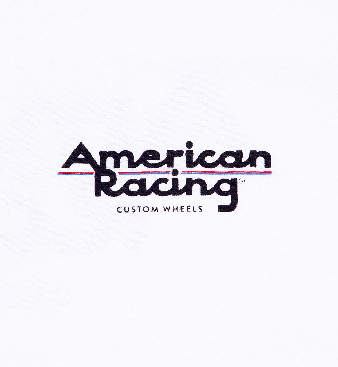 American Racing logo women's short sleeve tee in white, featuring a front detail view of the design.