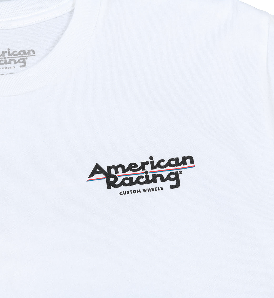 American Racing logo short sleeve tee in white with a bold graphic design.