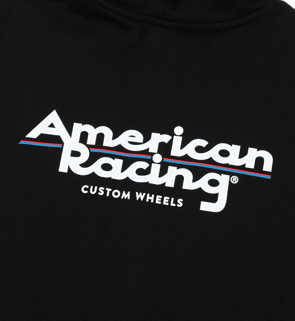 American Racing logo hoodie in black fabric featuring a prominent white logo on the front.