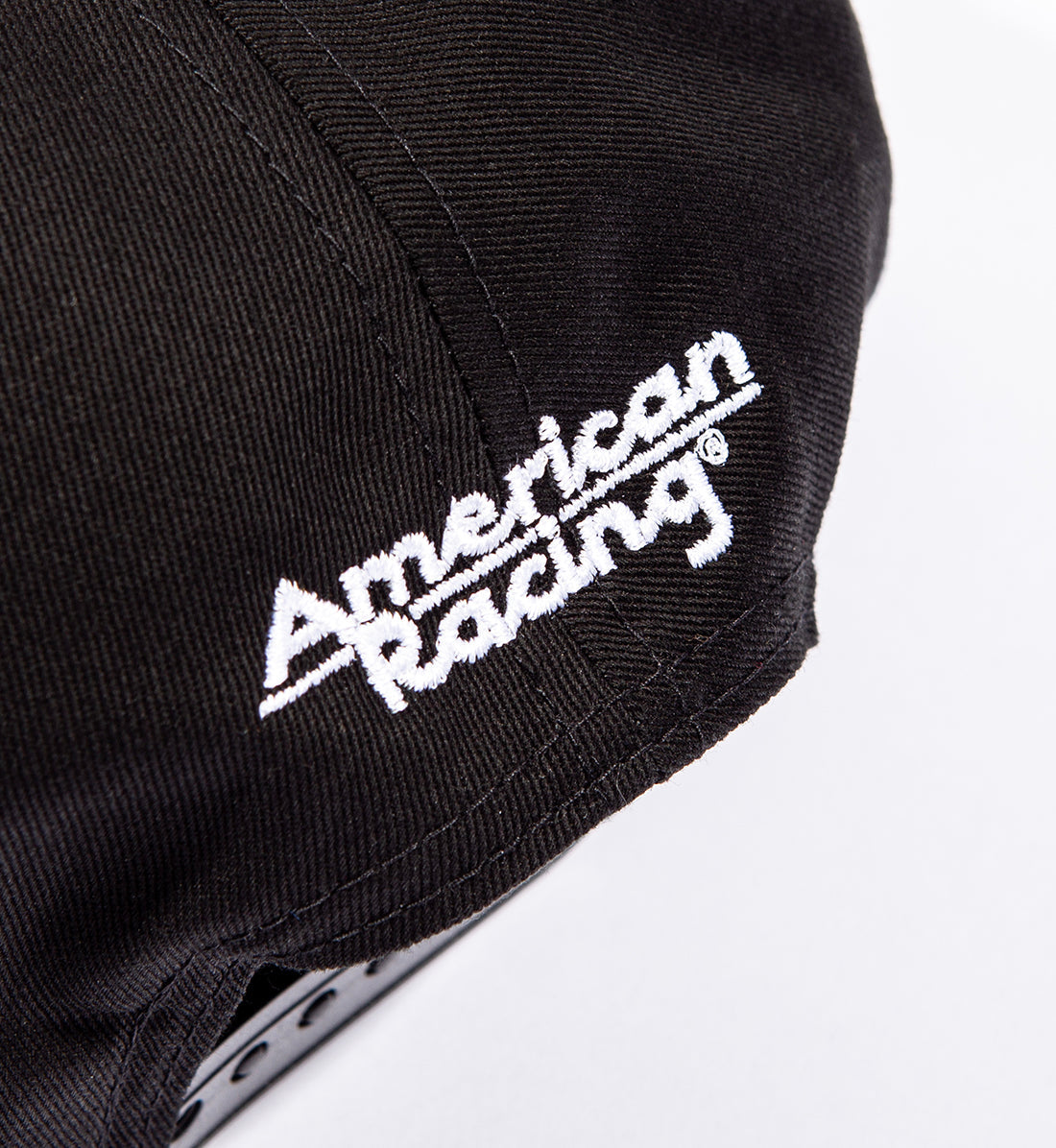 Alt text: "Black American Racing logo snapback hat showcasing back detail."