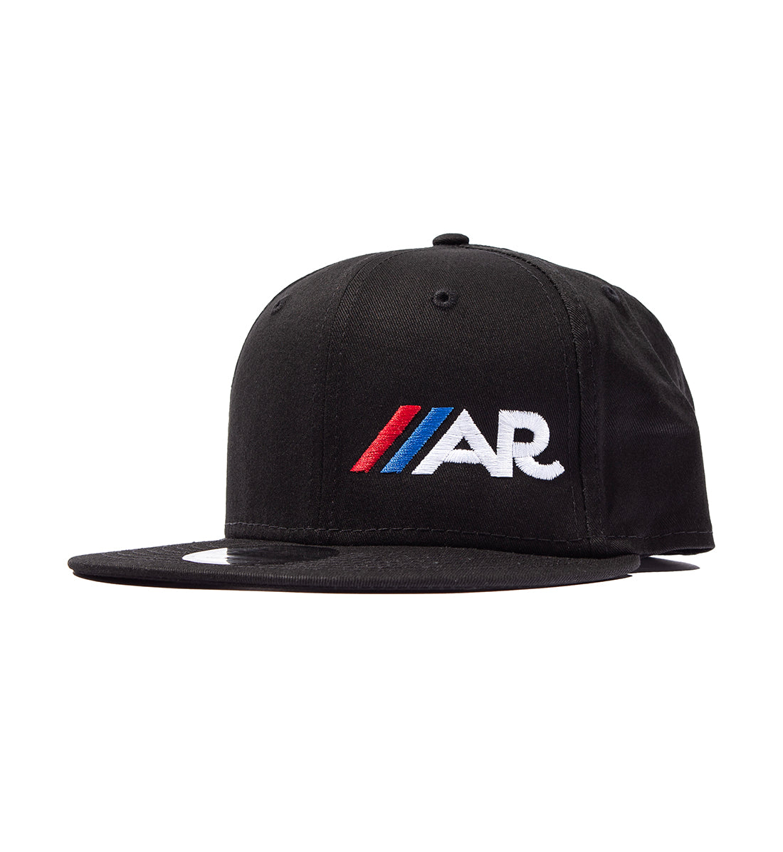 Black American Racing logo snapback hat with a front angled view.