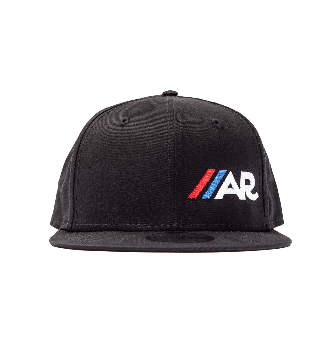 American Racing logo snapback hat in black, featuring a front embroidered logo and an adjustable snap closure.