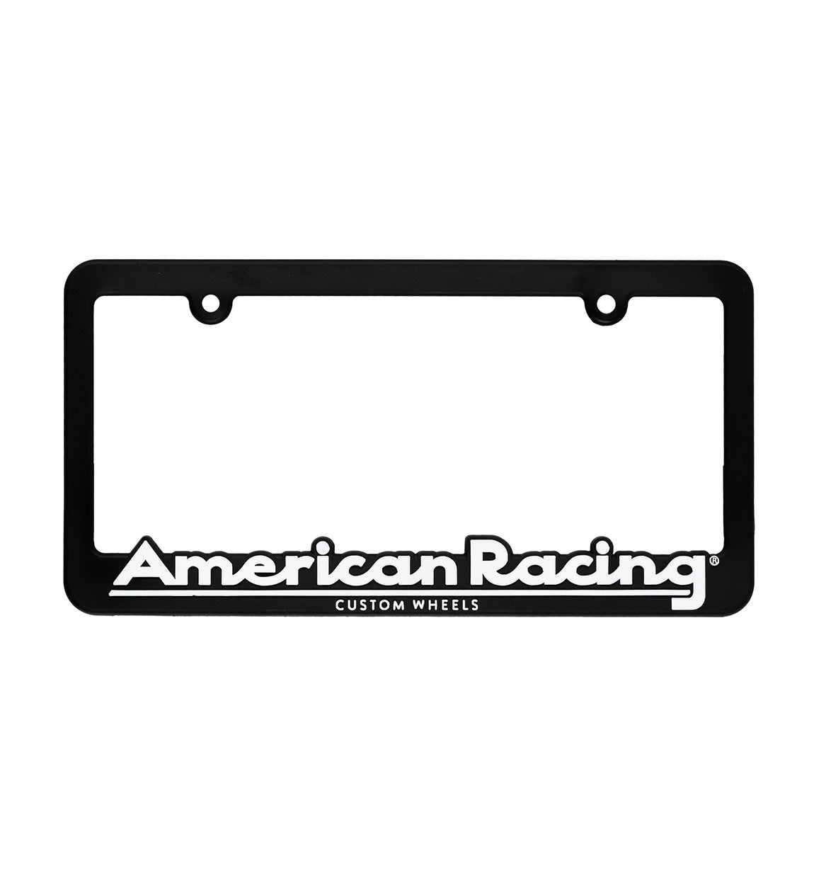 American Racing black license plate frame featuring a sleek design and embossed logo for vehicle customization.