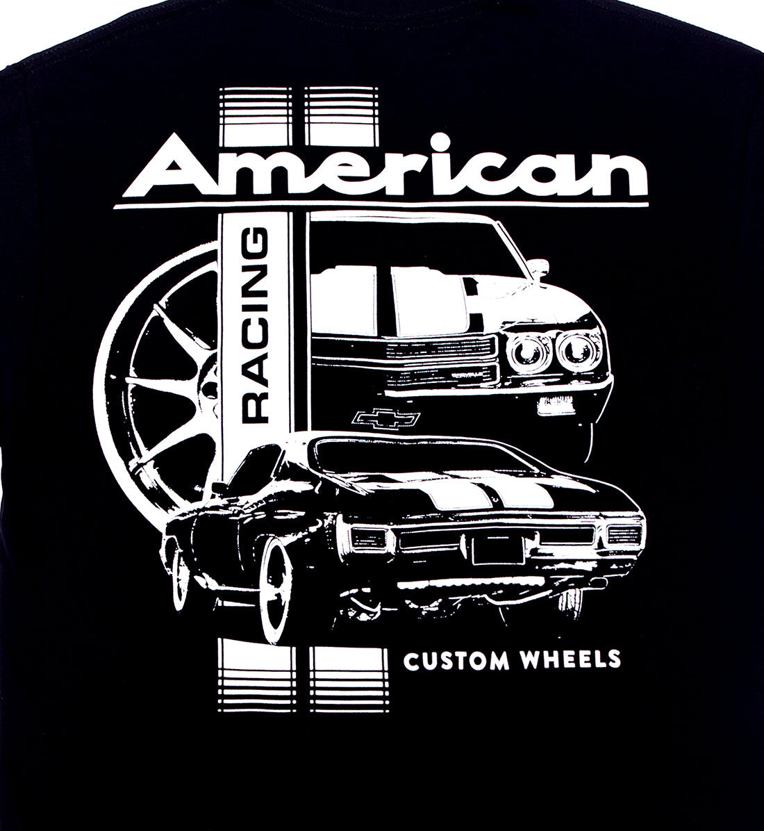 Black American Racing CHEVELLE Short Sleeve Tee featuring a detailed back graphic, perfect for car enthusiasts.