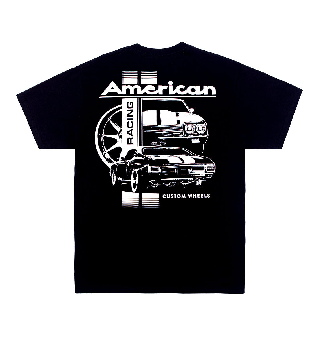 American Racing Chevelle short sleeve black tee featuring vintage car graphics.