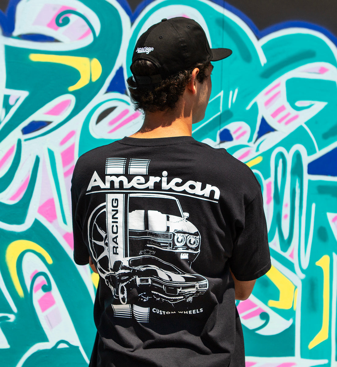 American Racing Chevelle short sleeve tee shirt in black, featuring a vintage-inspired design and logo.