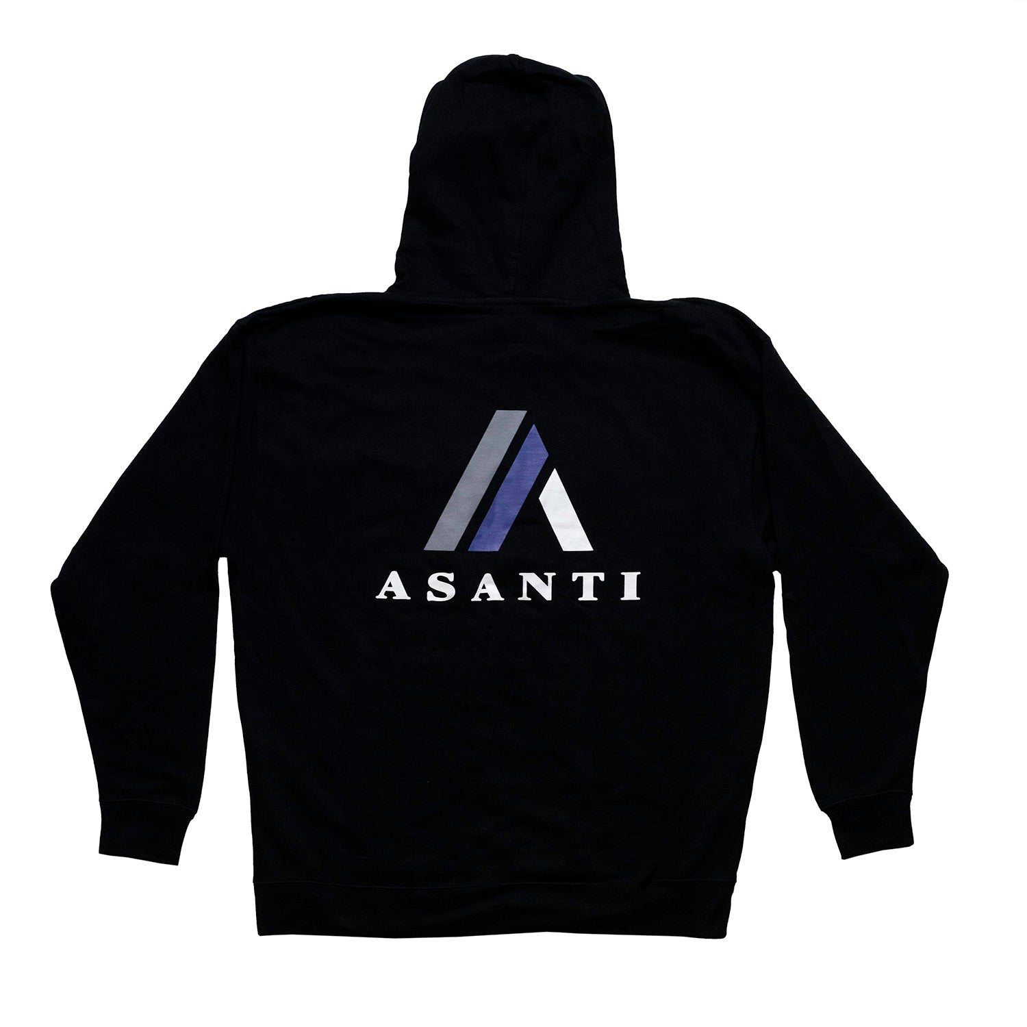 Black Asanti LOGO Hoodie featuring a bold white logo on the front, designed for comfort and style.