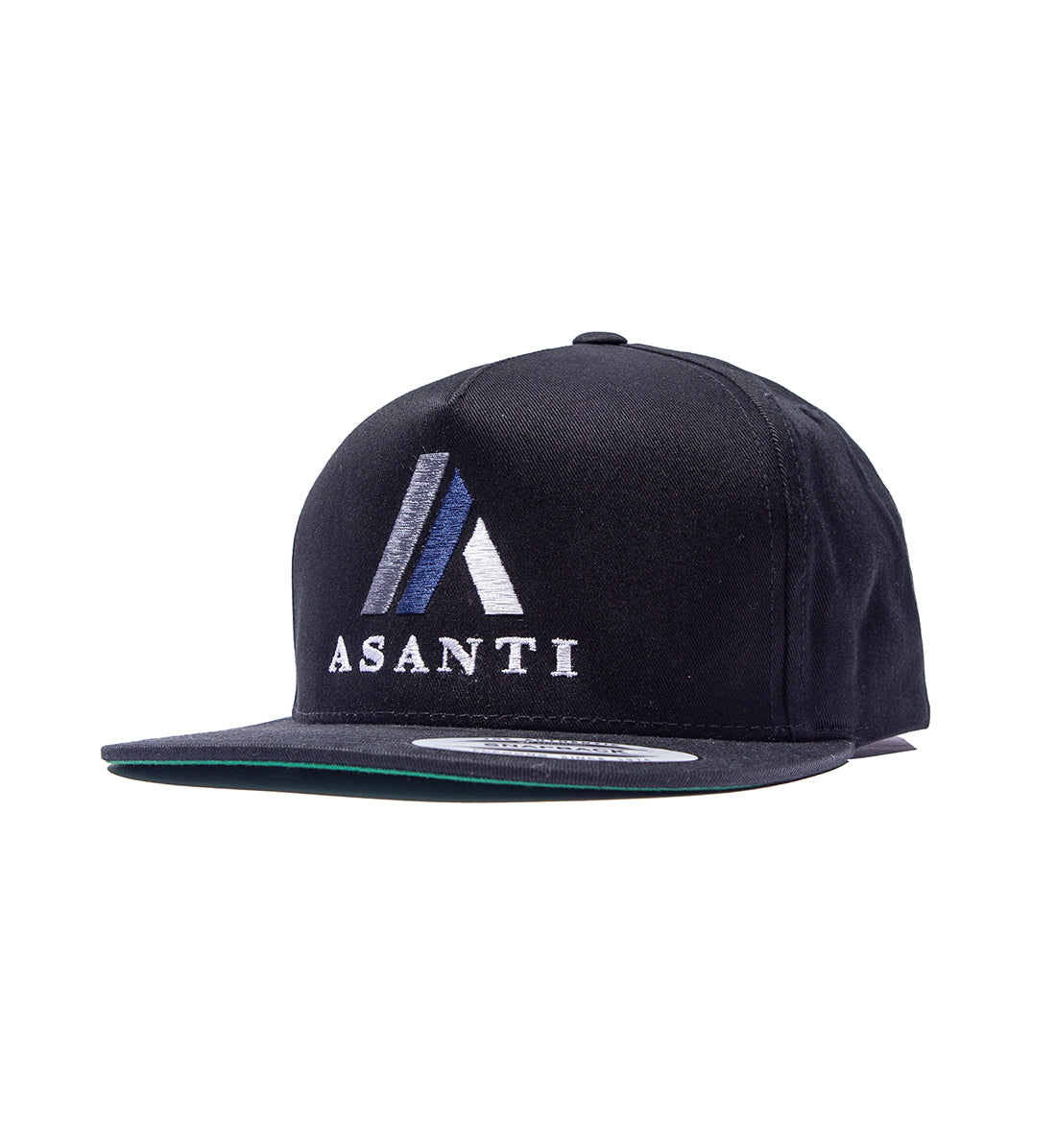 Black Asanti Logo Snapback Hat with angled front view showcasing the embroidered logo.