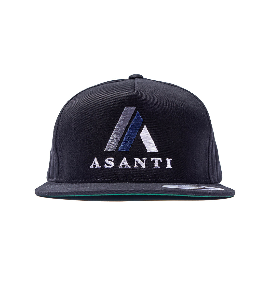 Asanti logo snapback hat in black, featuring an embroidered logo on the front.