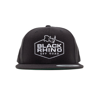 Black Rhino 5 Panel Snapback hat featuring a bold logo, perfect for off-road enthusiasts and automotive lifestyle fans.