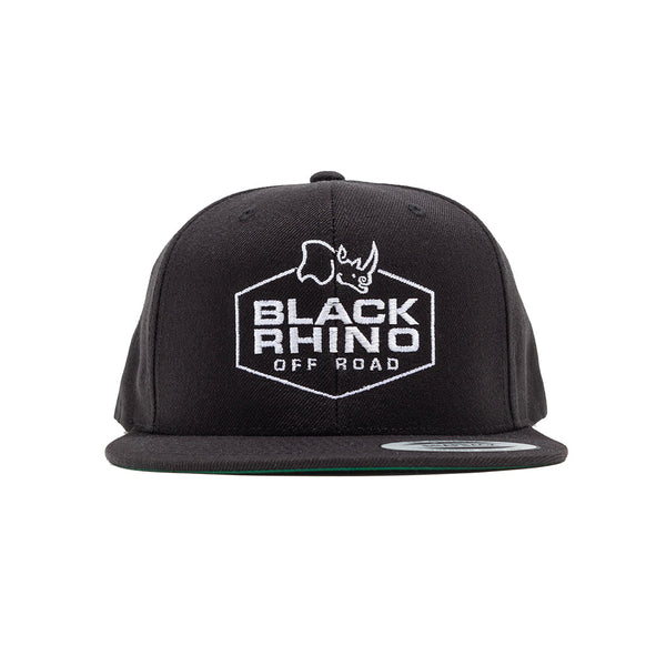 Black Rhino 5 Panel Snapback hat featuring a bold logo, perfect for off-road enthusiasts and automotive lifestyle fans.