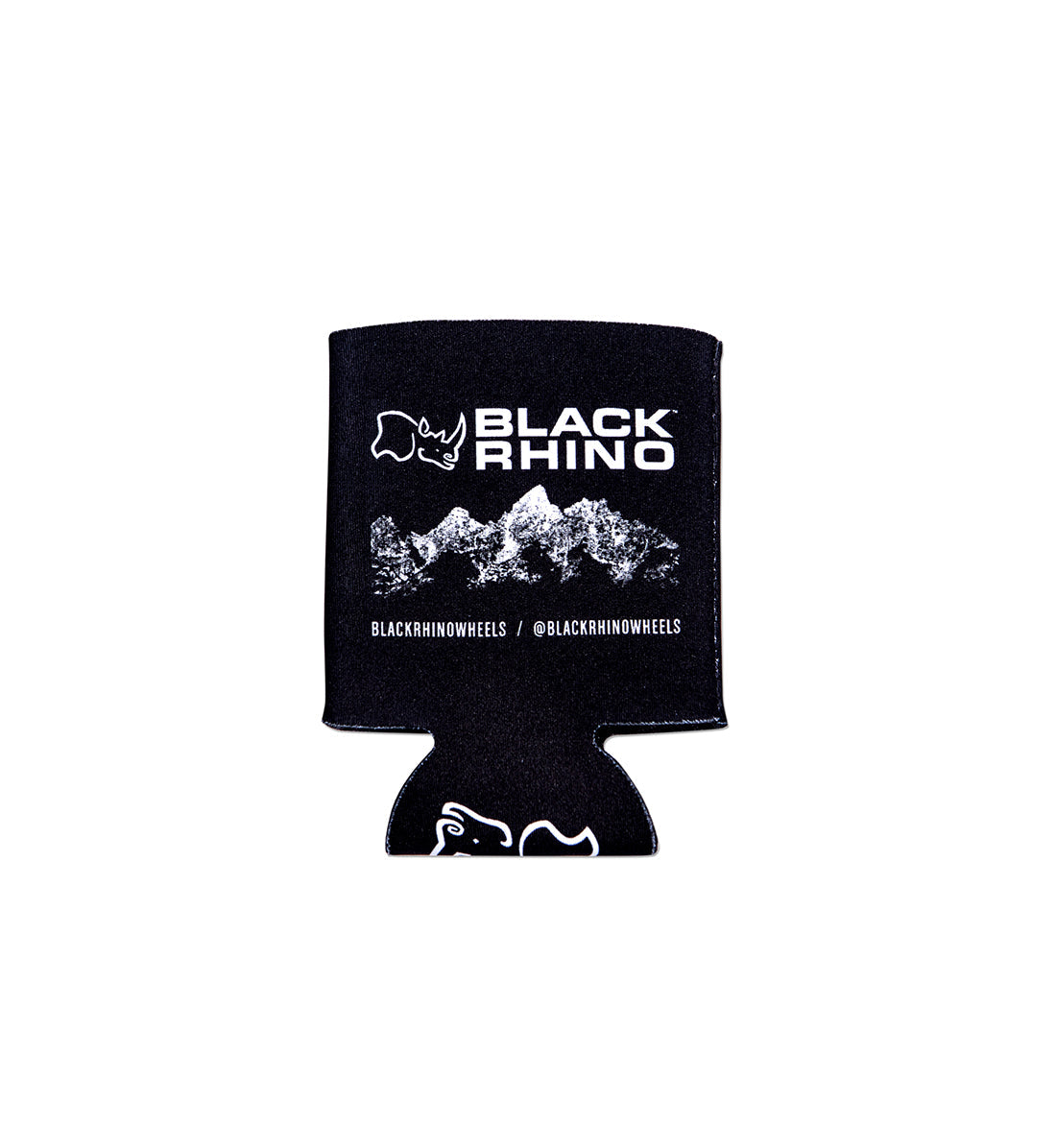 Black Rhino koozie, neoprene beverage holder in black, featuring a front logo design.
