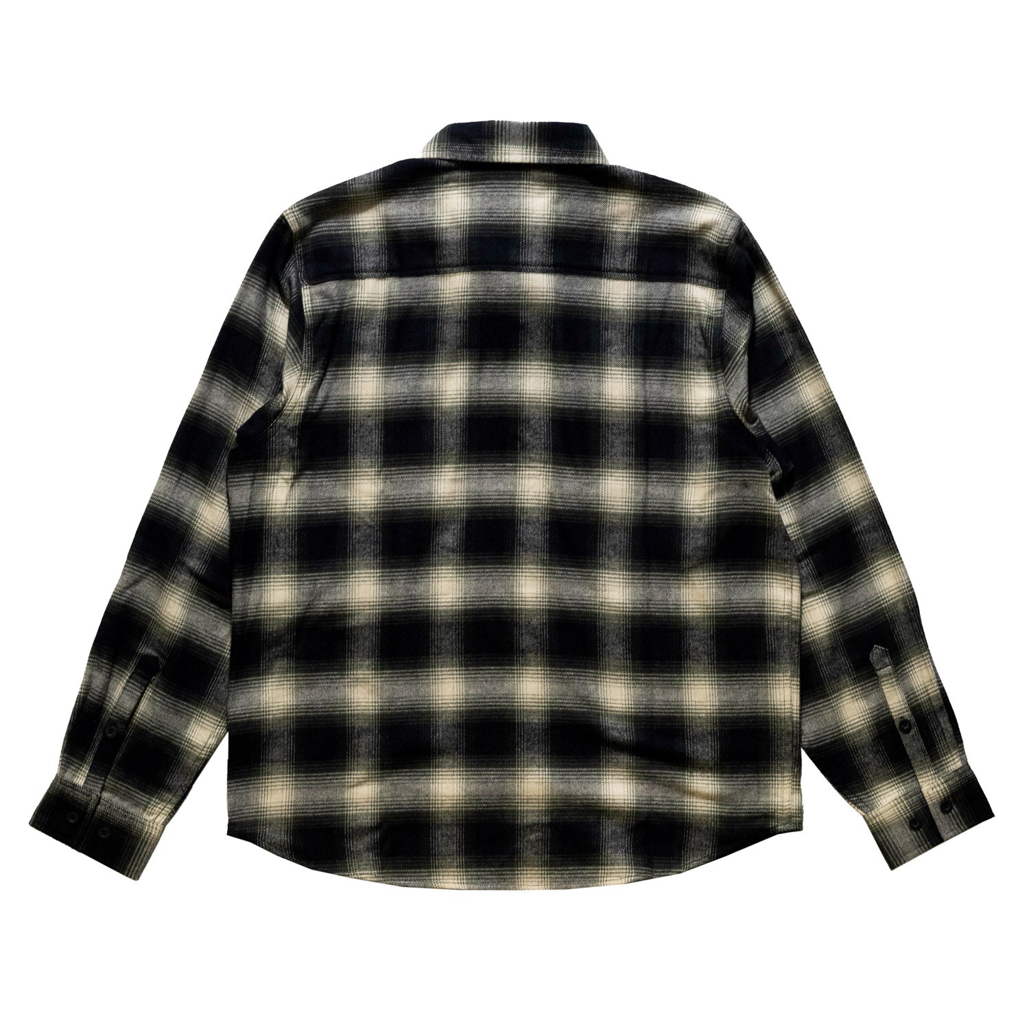 Black Rhino Flannel Long Sleeve Shirt in dark plaid pattern, featuring a button-down collar and chest pocket.