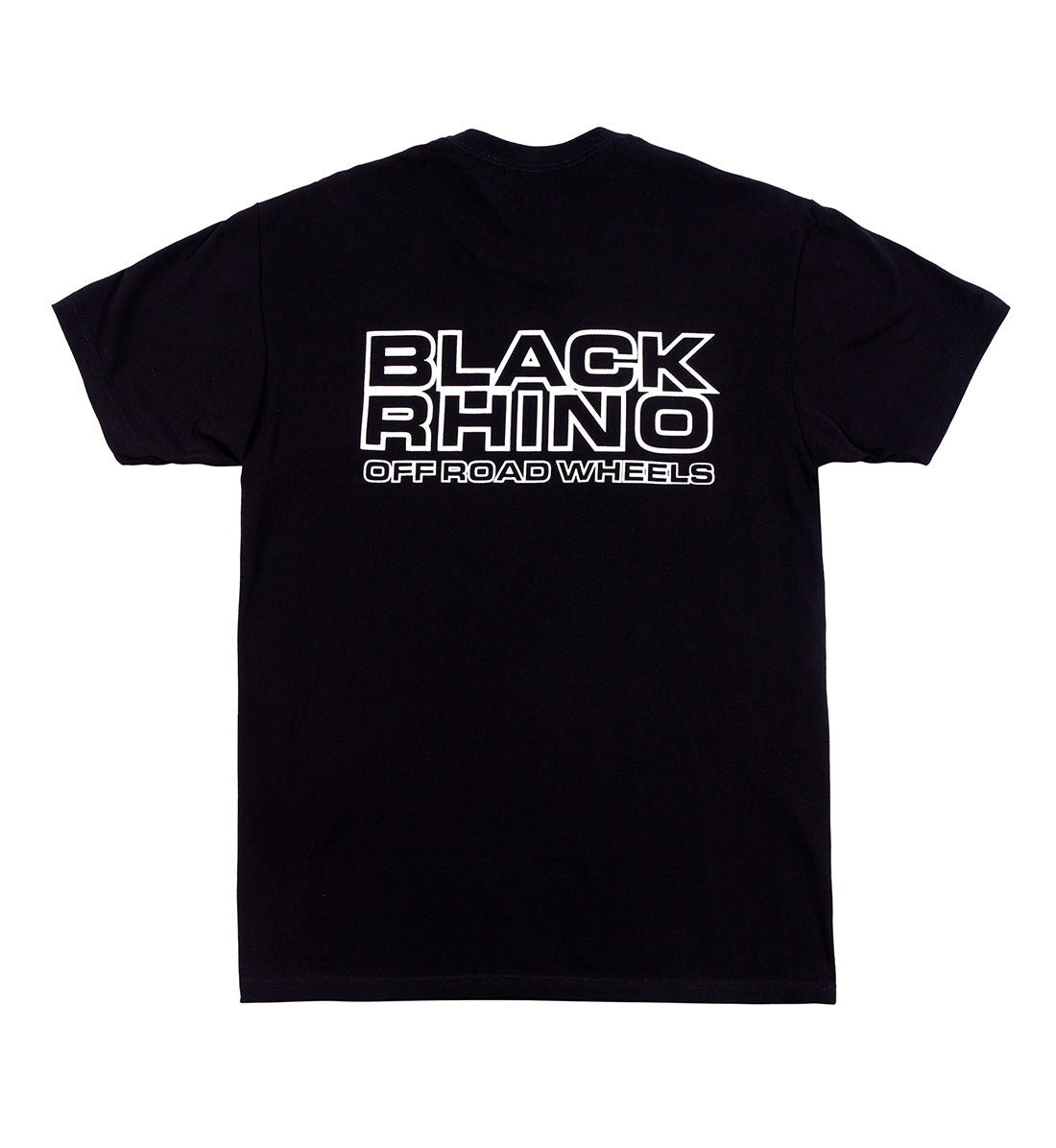 Black Rhino logo short sleeve tee in black, featuring a prominent logo design on the back.