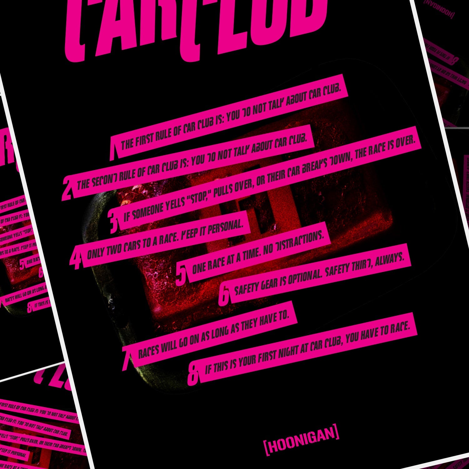 Hoonigan CAR CLUB poster featuring bold graphics and a dynamic design, size 18" x 24".