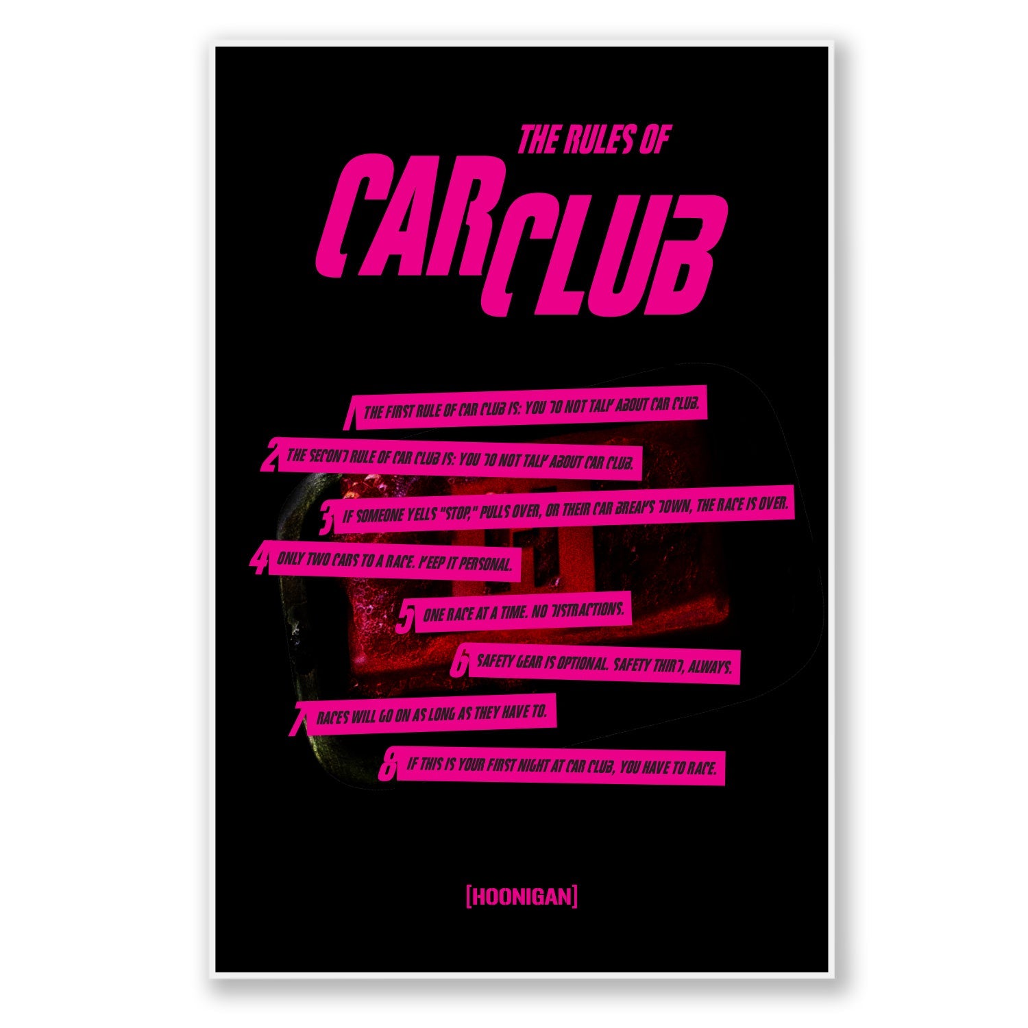 Hoonigan CAR CLUB Poster featuring a vibrant graphic design, measuring 18" x 24".
