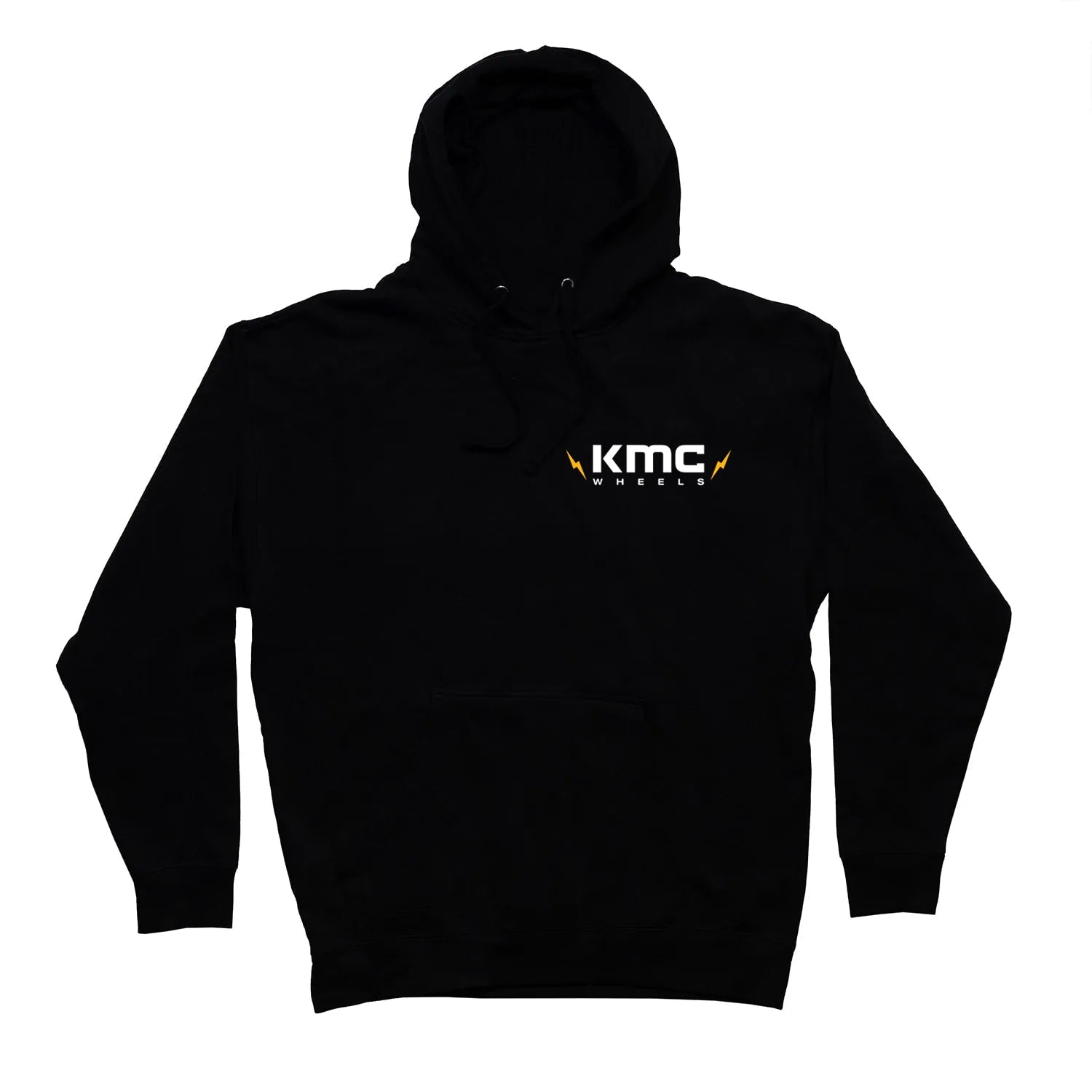 Black pullover hoodie featuring KMC Wheels logo, designed for automotive enthusiasts and casual wear.