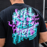 Black Hoonigan TREADWEAR short sleeve t-shirt featuring a vibrant graphic design with the phrase "Kill All Tires" on the back.