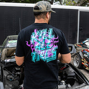 Black Hoonigan TREADWEAR short sleeve t-shirt featuring a vibrant graphic that reads "Kill All Tires" on the back.