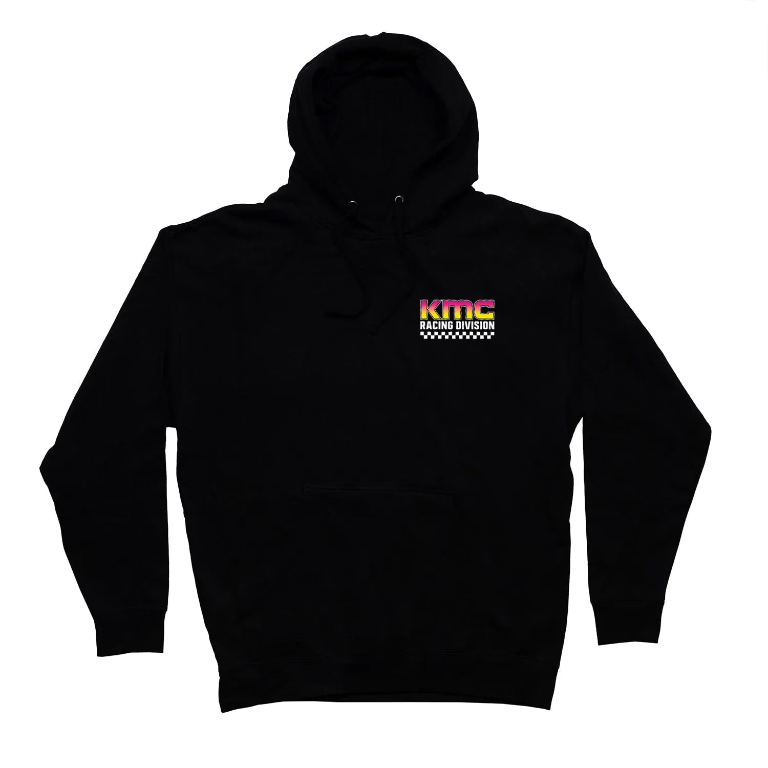 Black pullover hoodie featuring KMC Racing Division V2 logo with colorful graphics and a front kangaroo pocket.