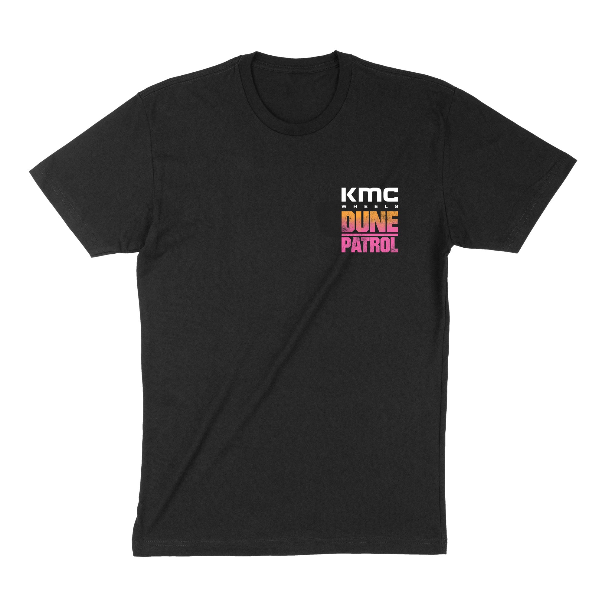 Black short sleeve t-shirt featuring KMC DUNE PATROL graphic on the chest, perfect for automotive enthusiasts.