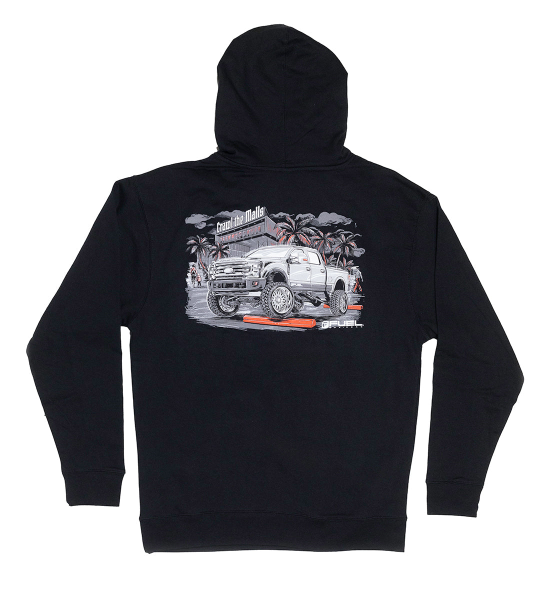 Gray Fuel MALL CRAWL Pullover Hoodie with white logo on chest and drawstring hood.