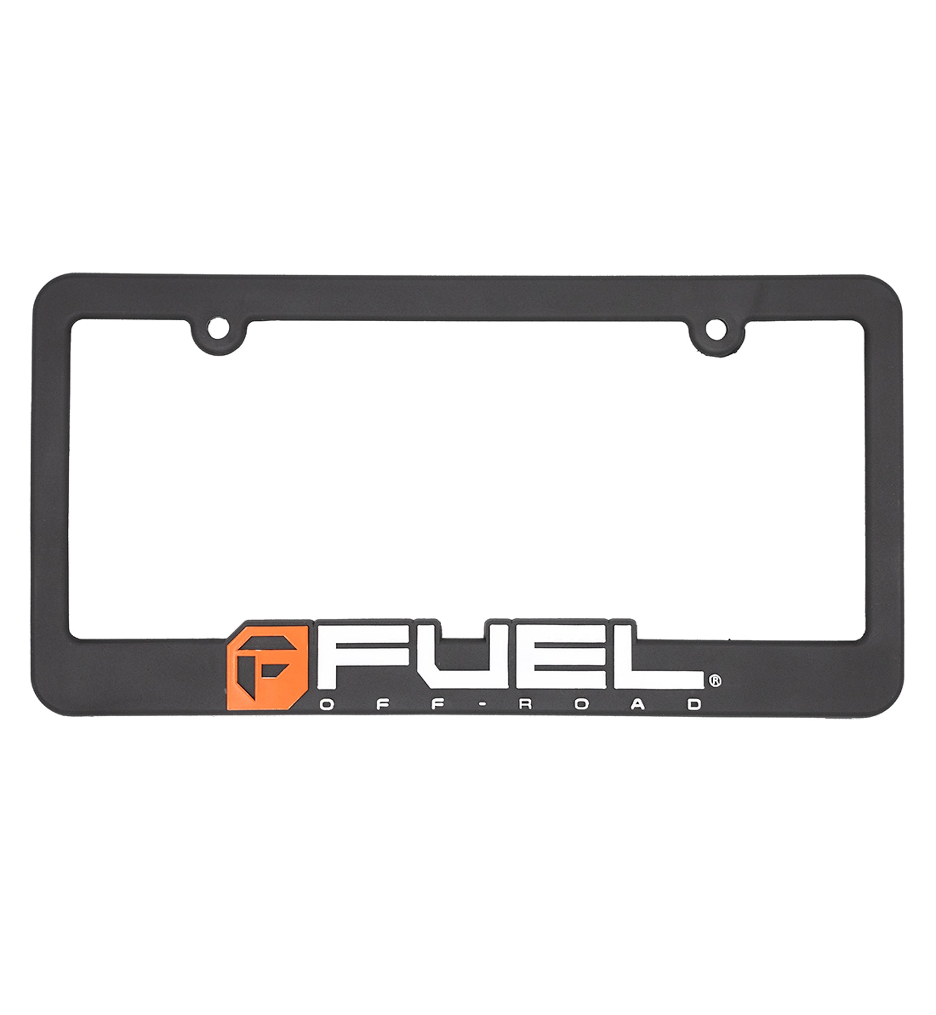 Fuel OFF-ROAD License Plate Frame featuring a sleek black design with 'Fuel' branding, suitable for enhancing vehicle aesthetics.