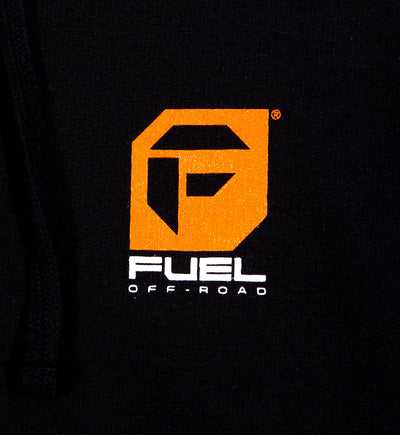 Close-up of a black Fuel Off-Road hoodie featuring an orange and white Fuel Off-Road logo on the chest.
