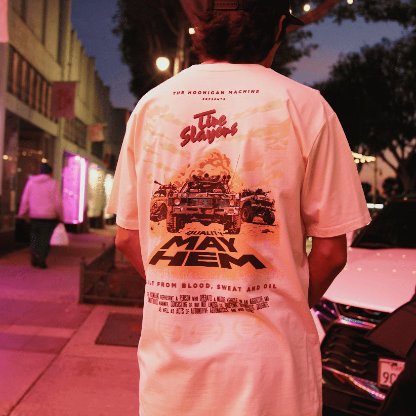 Hoonigan MAYHEM ROAD Short Sleeve Tee in black with bold white graphics.