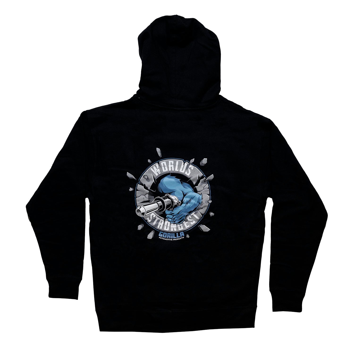 Gorilla Worlds Strongest pullover hoodie in black with a bold graphic logo on the front.
