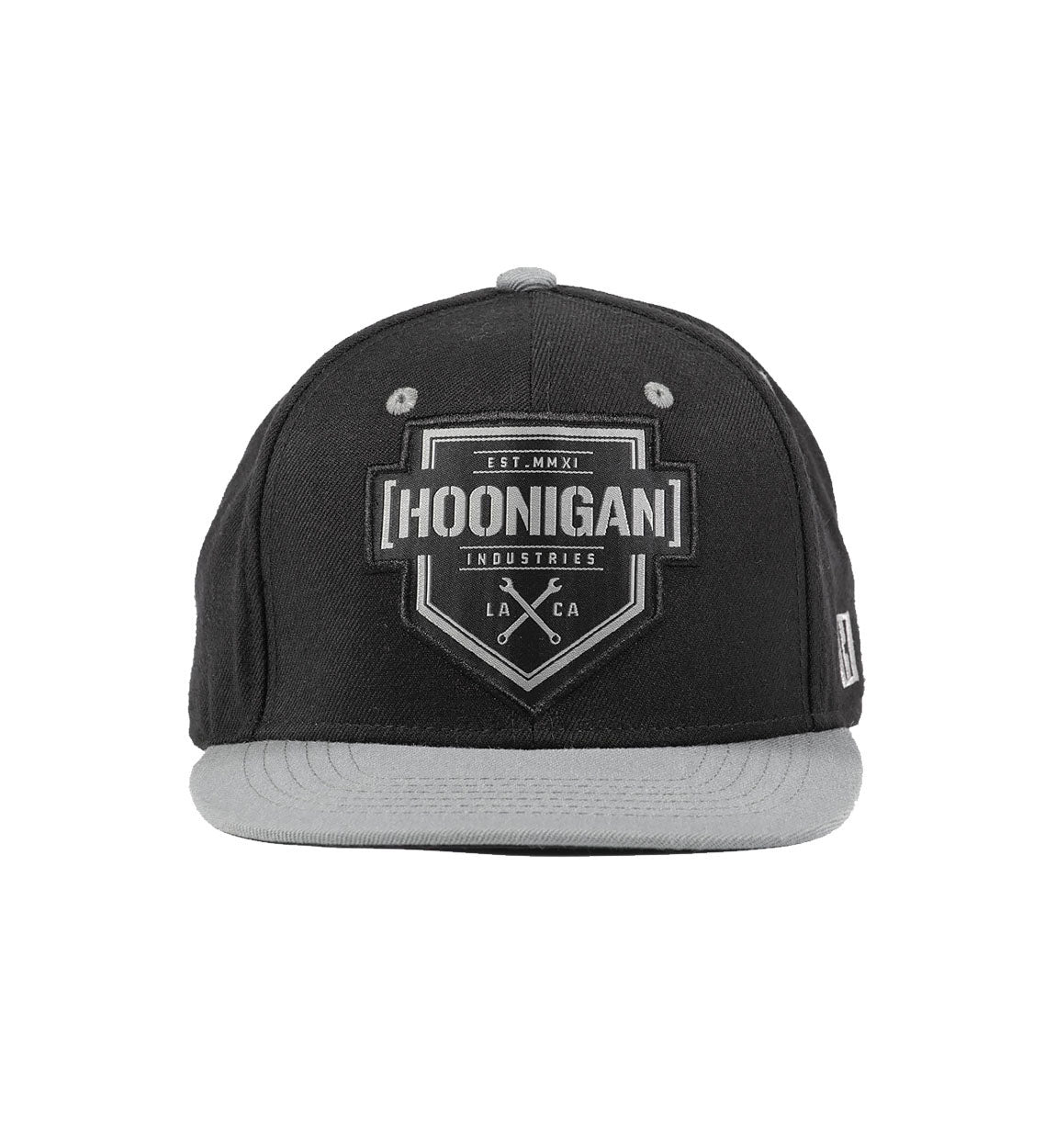 Hoonigan BRACKET X LOGO Snapback Hat in black and gray with a prominent logo on the front.