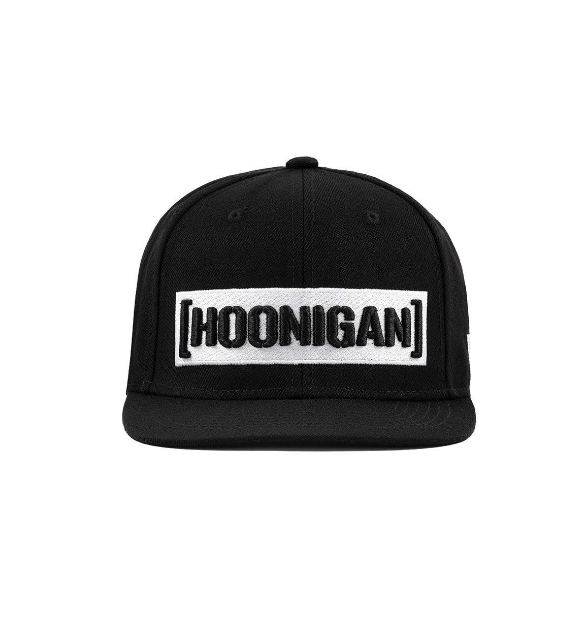 Hoonigan CENSOR BAR Snapback Hat in black and white, featuring bold logo on front, adjustable snap closure, and flat brim design.