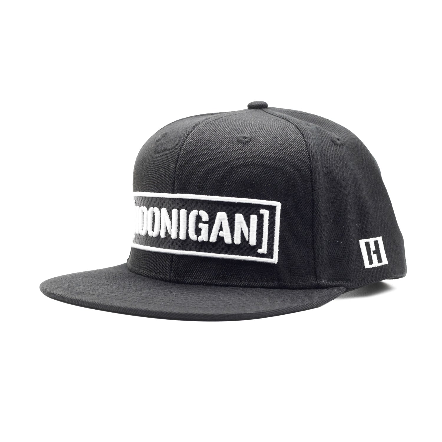 Hoonigan CENSOR BAR Snapback Hat in black with embroidered logo, front angle view.