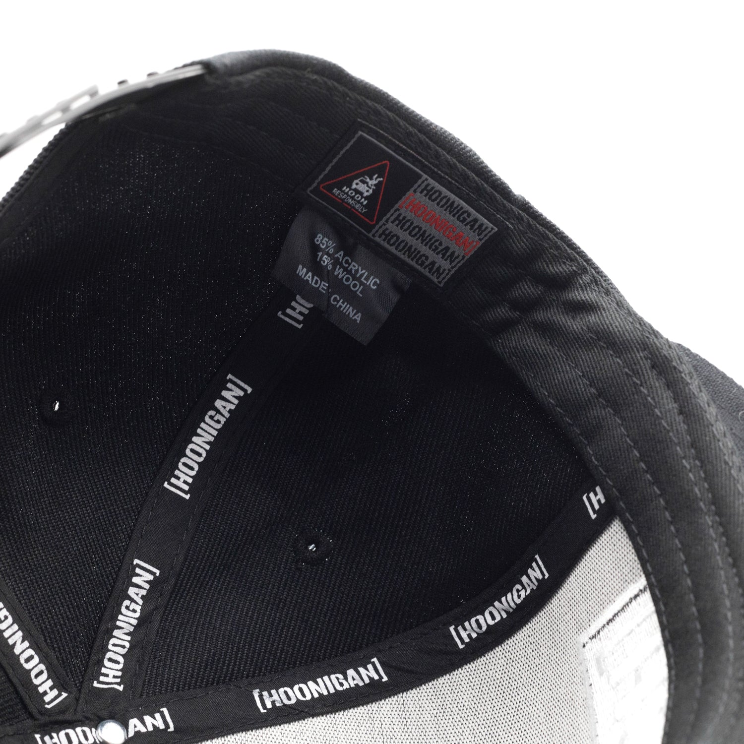 Hoonigan CENSOR BAR Snapback Hat with black fabric, featuring a bold logo and adjustable closure.