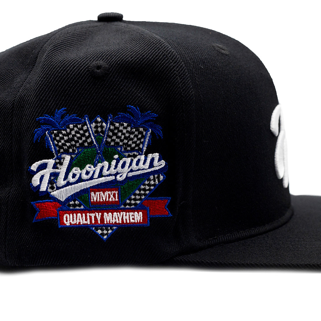 Hoonigan H LEAGUE Snapback Hat in black with embroidered logo on the front, showcasing a stylish, adjustable design.