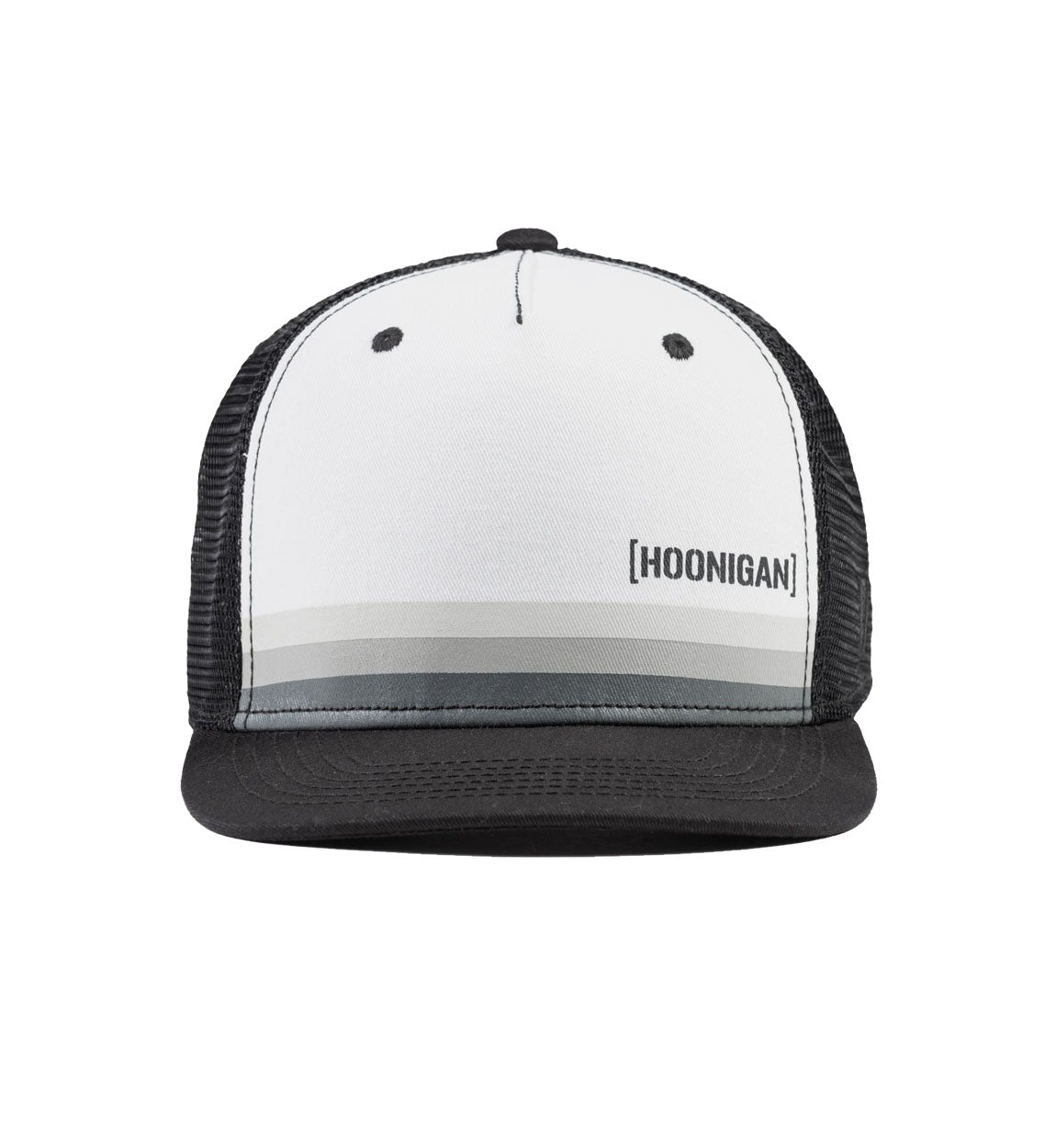 Black and white Hoonigan HORIZON Trucker Hat with a mesh back and embroidered logo on the front.