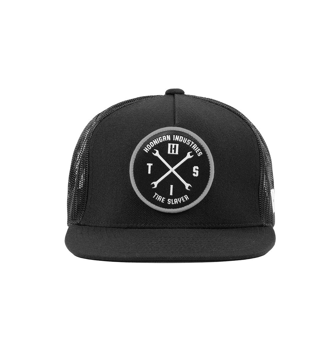 Hoonigan HITS v2 trucker hat in black and gray with a mesh back and logo patch on the front.