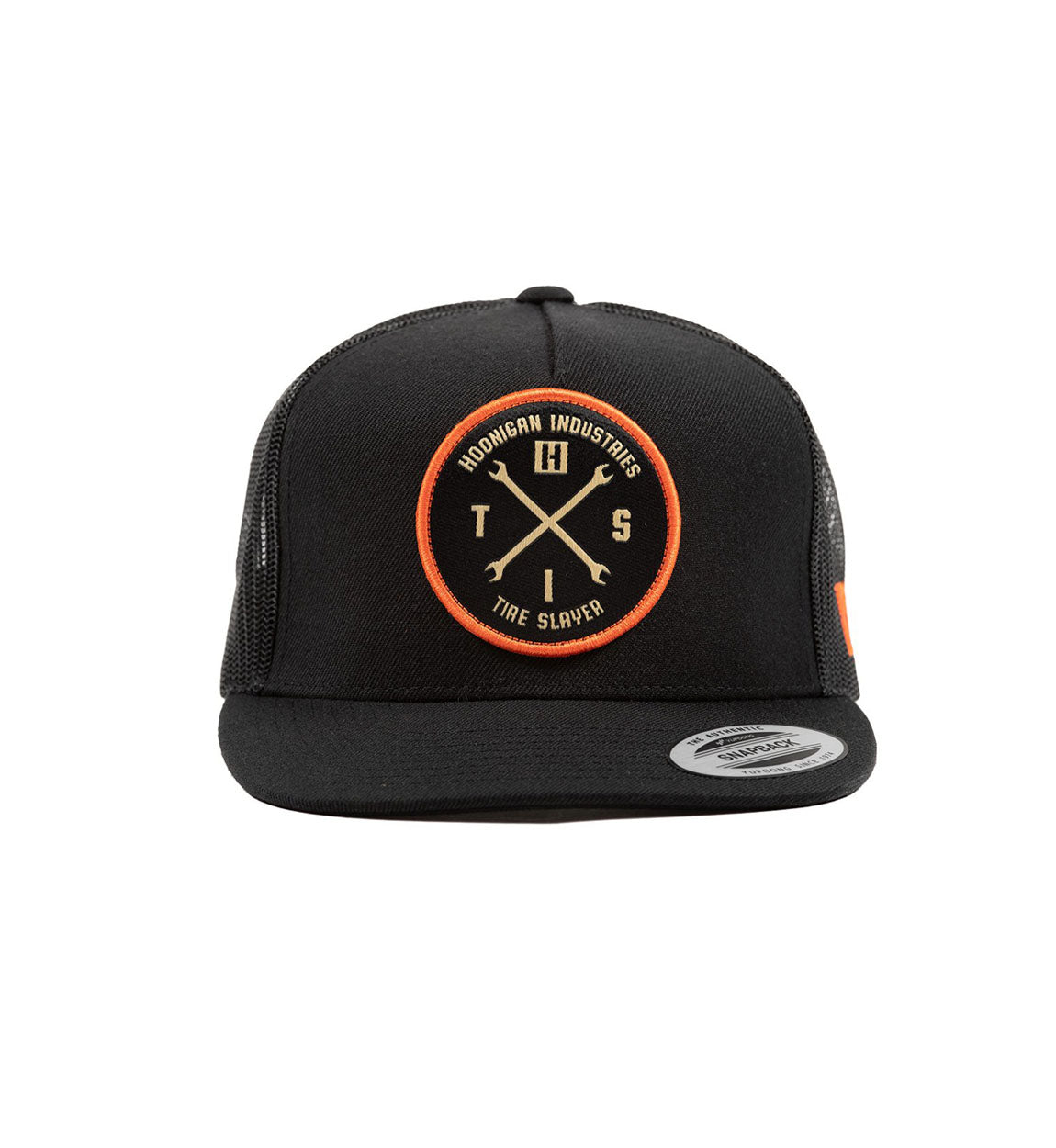 Hoonigan HITS v2 black and orange trucker hat with mesh back and embroidered logo.