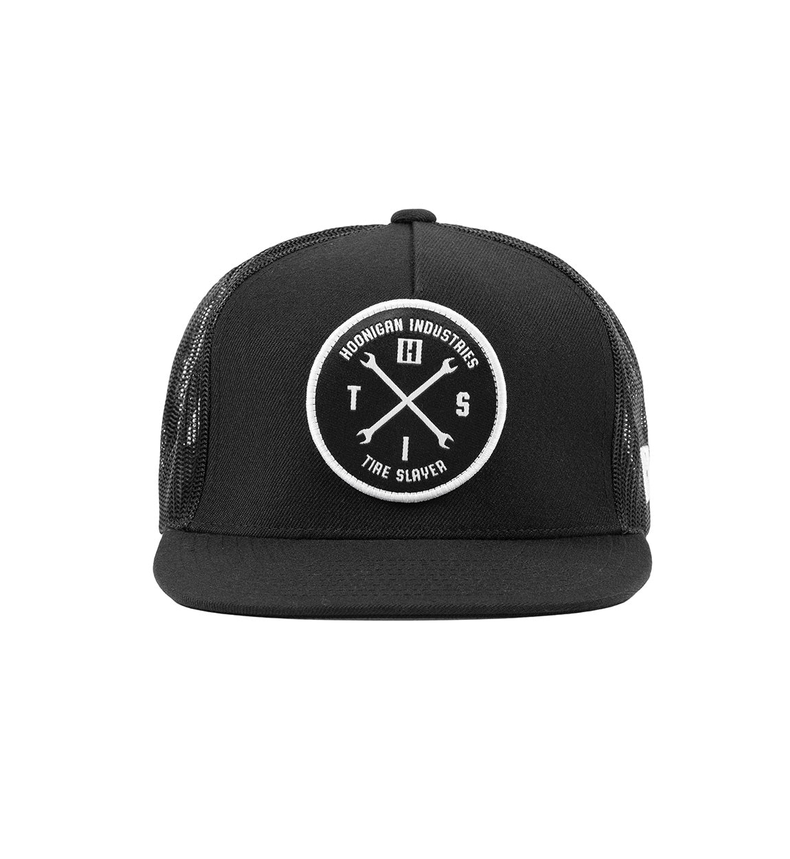 Black and white Hoonigan HITS v2 trucker hat with a front logo patch and adjustable snapback closure.