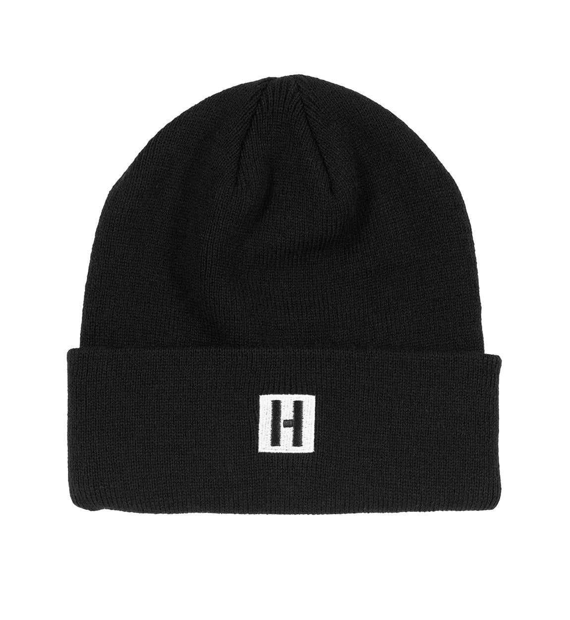 Hoonigan CLASSIC H ICON beanie in black and white, featuring a bold "H" logo on the front and a ribbed knit design.